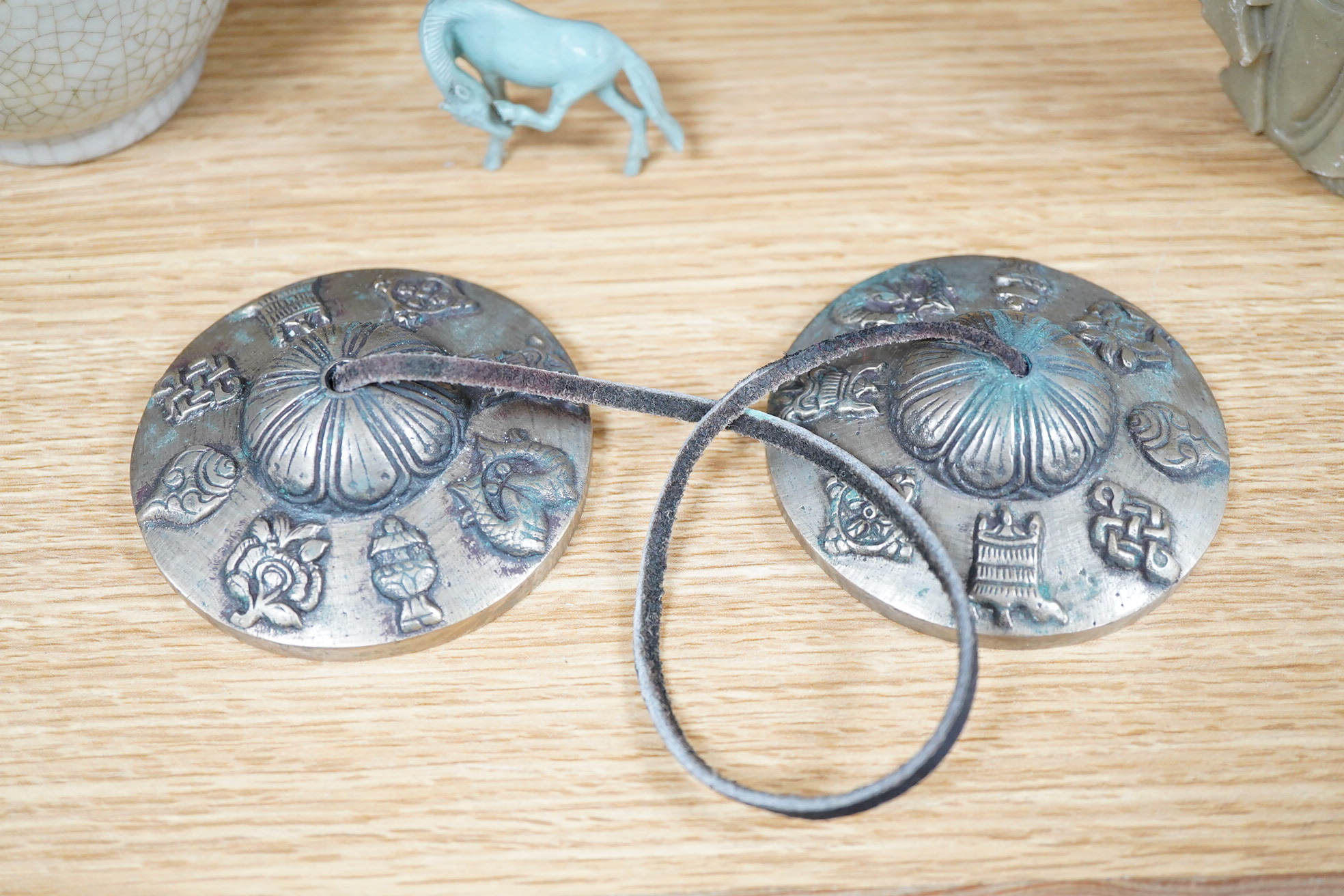 A group of Chinese collectables to include a soapstone carving of a ram, crackle glaze vase and figures of elders, largest 23cm wide